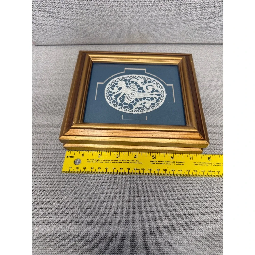Vintage Framed Lace Art Pair Victorian Lady Ballerina Dancer Gold Frame Blue Set